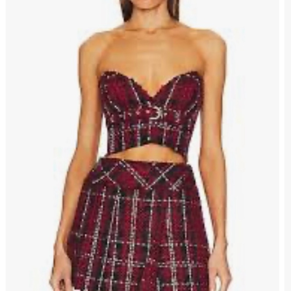 Revolve Saffi Bustier NBD Black and Red Plaid Strapless Top.